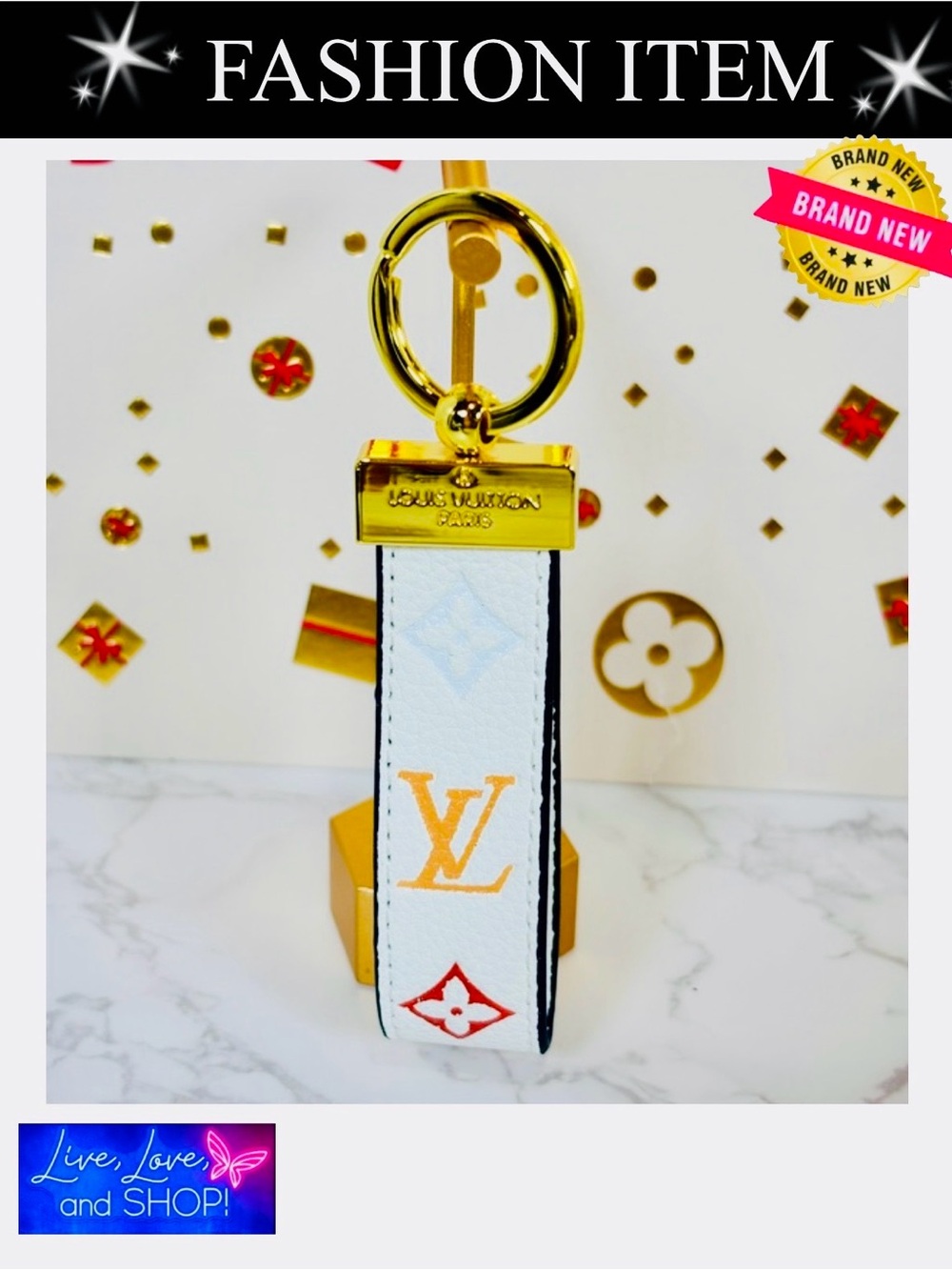 BAG CHARM/KEYCHAIN: Monogram White, Orange, Red w/Golden Accents, NWOT